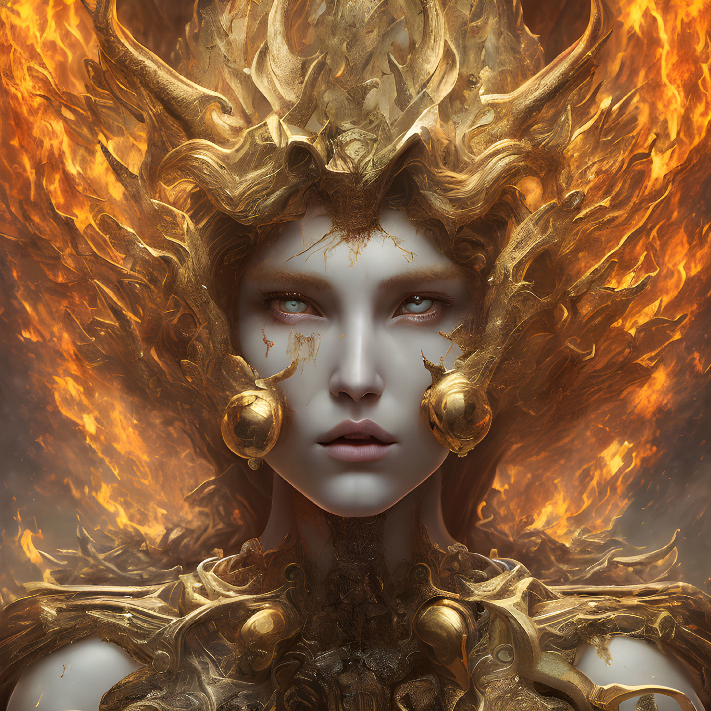 Fantasy portrait of person with golden crown-like headgear and fiery background