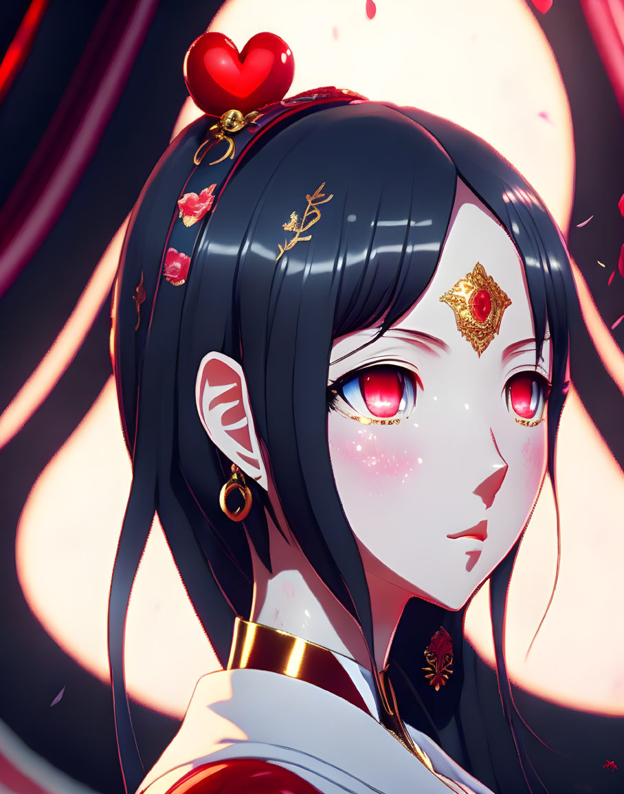 Anime-style female character with dark hair, red and gold accessories, red eyes, and forehead piece.