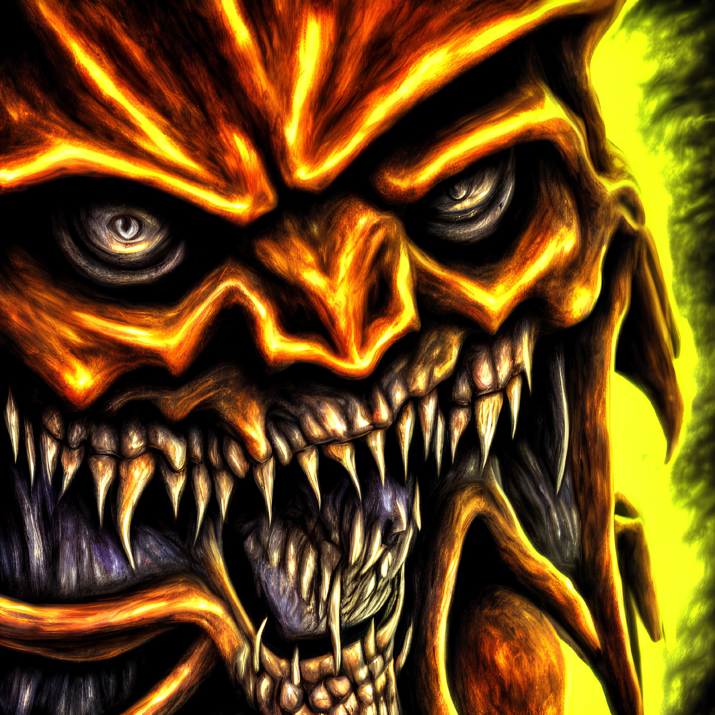 Fiery digital artwork: Snarling creature with sharp teeth & glowing eyes
