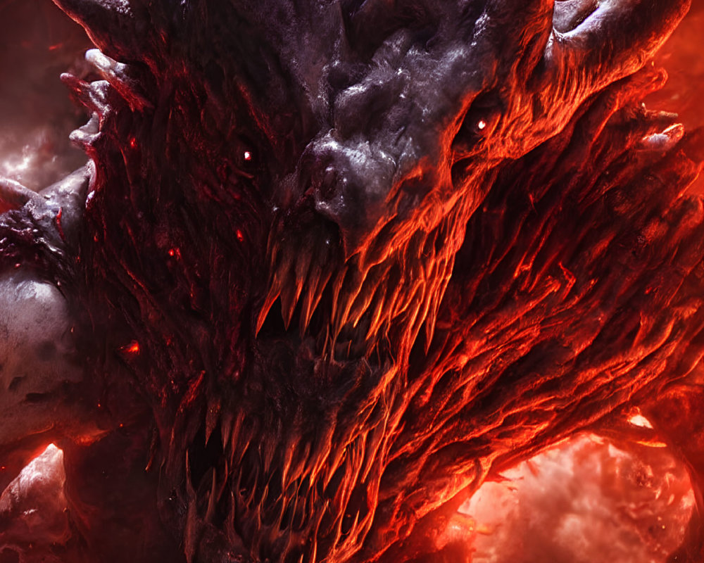 Menacing dragon with glowing red eyes and sharp horns on fiery red backdrop