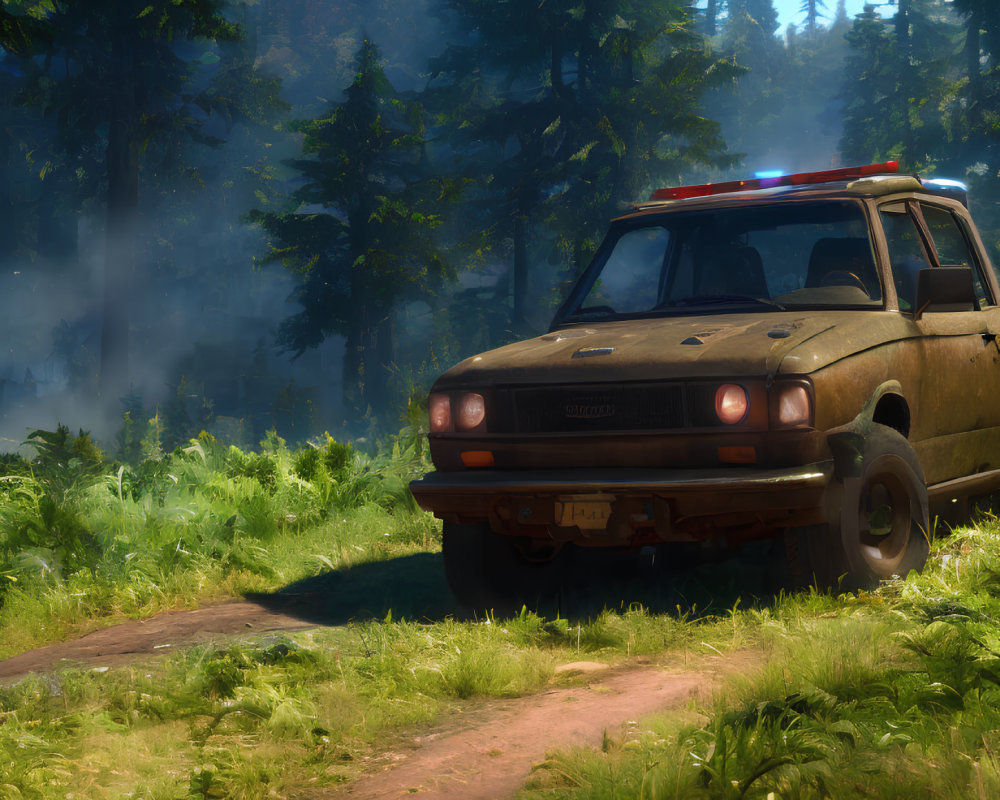 Vintage police car parked in sunlit forest clearing