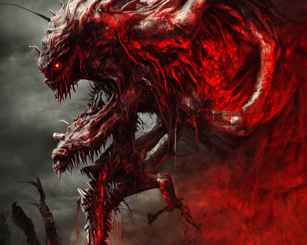 Menacing red dragon with multiple heads in dark, smoky setting