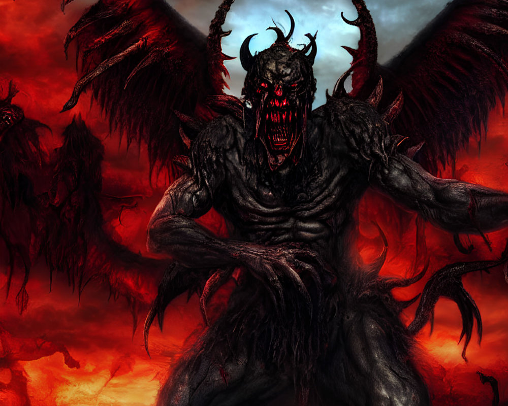 Sinister demon with large wings and red eyes in a hellish backdrop