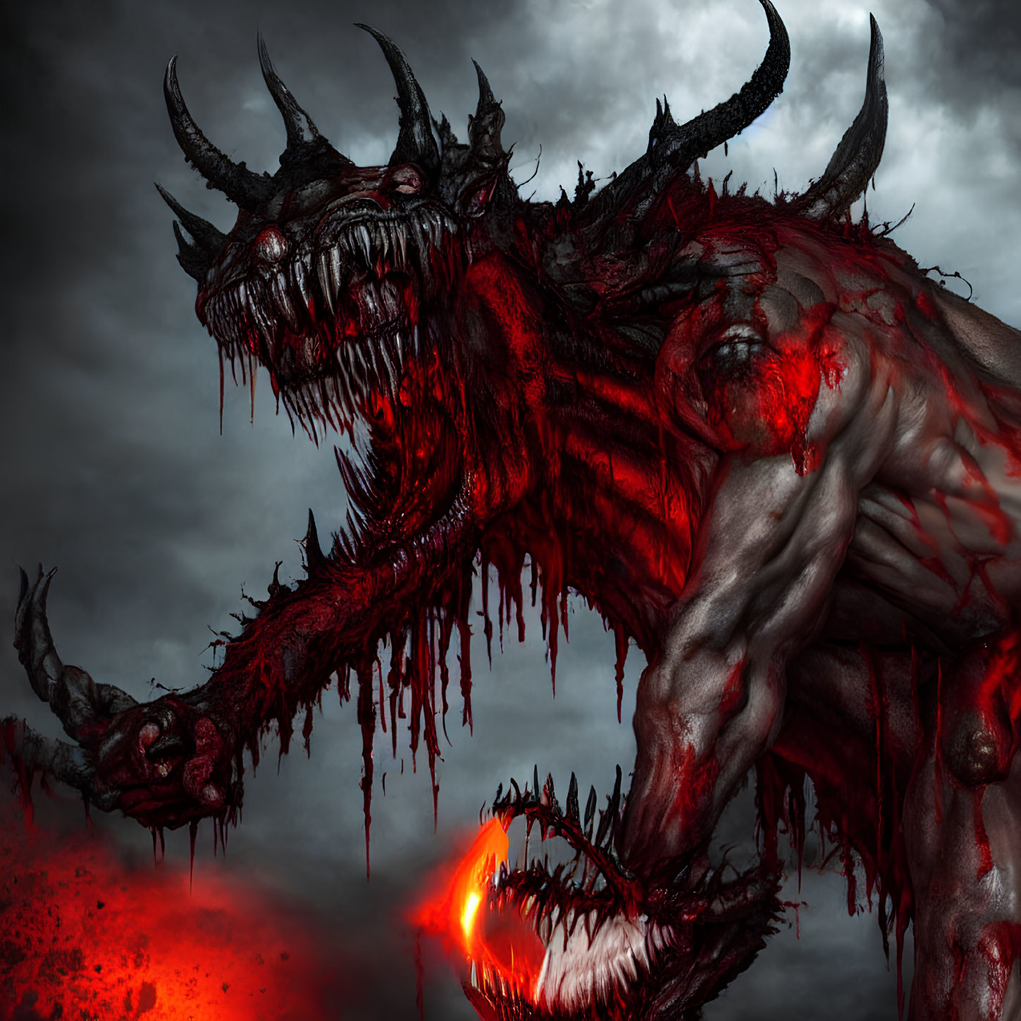 Muscular red demon with horns and glowing eyes in dark setting