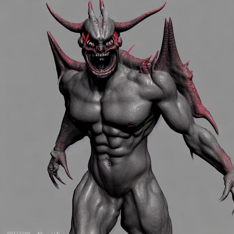 Muscular demon with horns, red eyes, and sharp claws on gray background