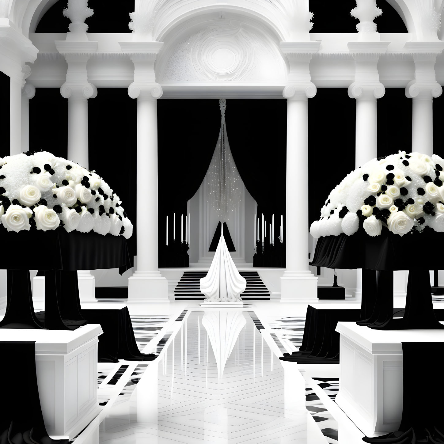 Luxurious Black and White Interior with Columns and Floral Arrangements