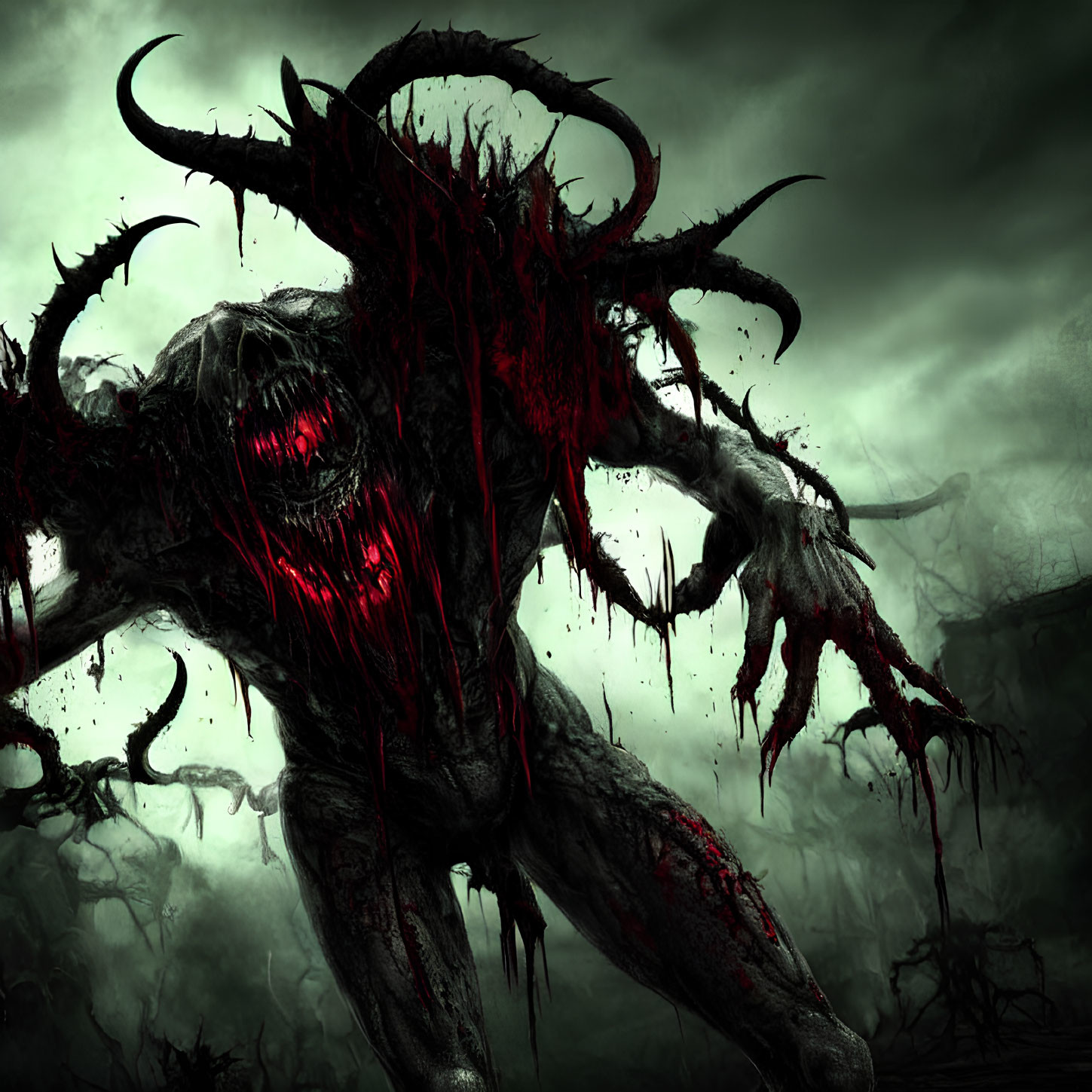 Sinister dark creature with glowing red eyes and sharp horns in eerie landscape
