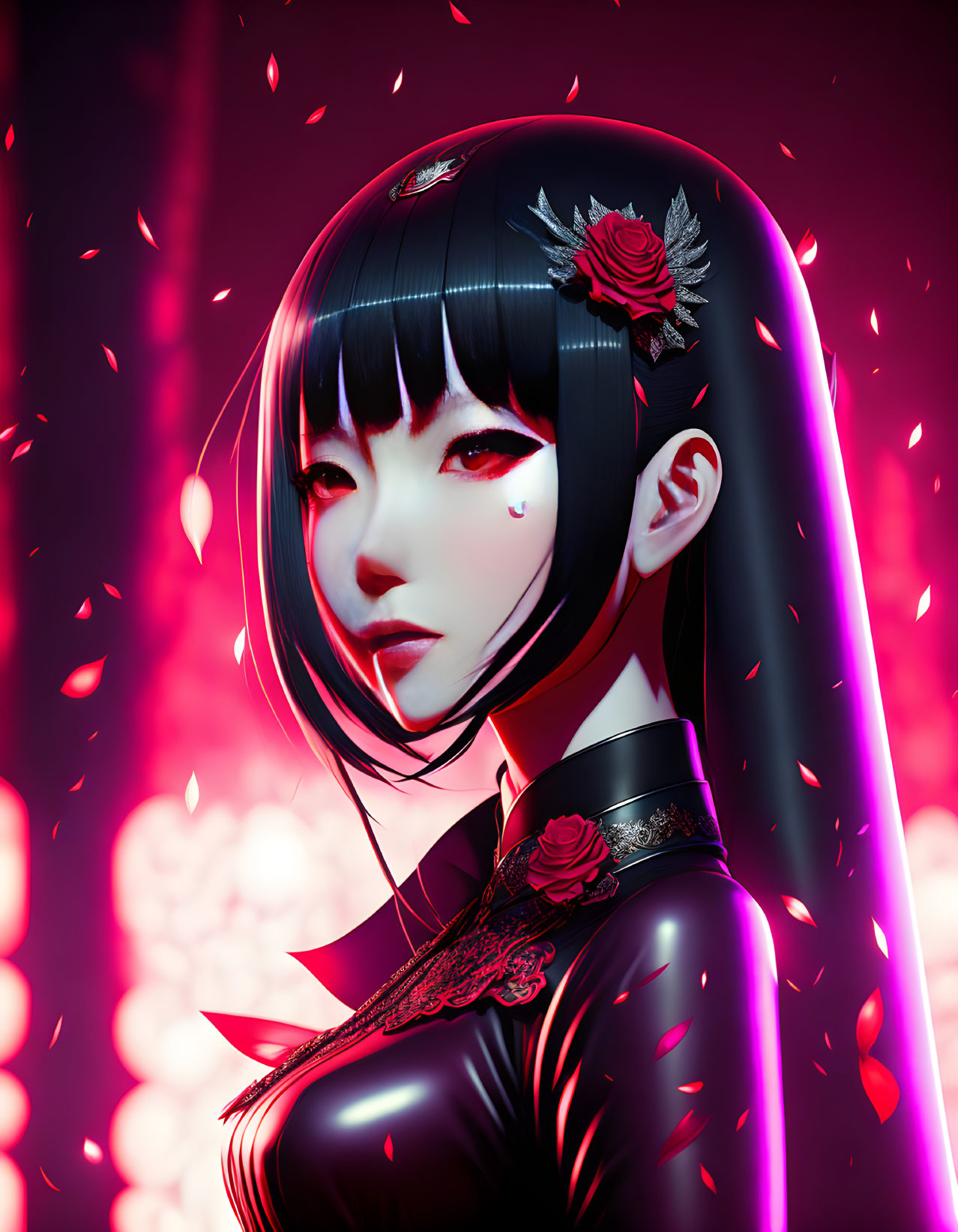 3D Illustration: Woman with Black Hair, Red Highlights, Rose, Tears on Pink Neon Background