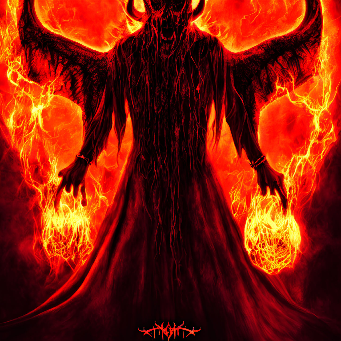 Sinister horned demonic figure with fiery orbs in infernal background