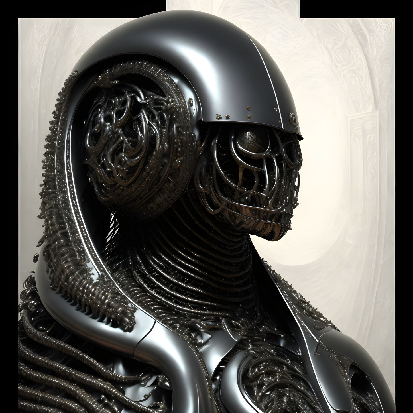 Complex futuristic robotic figure with coiled cables and metallic surfaces