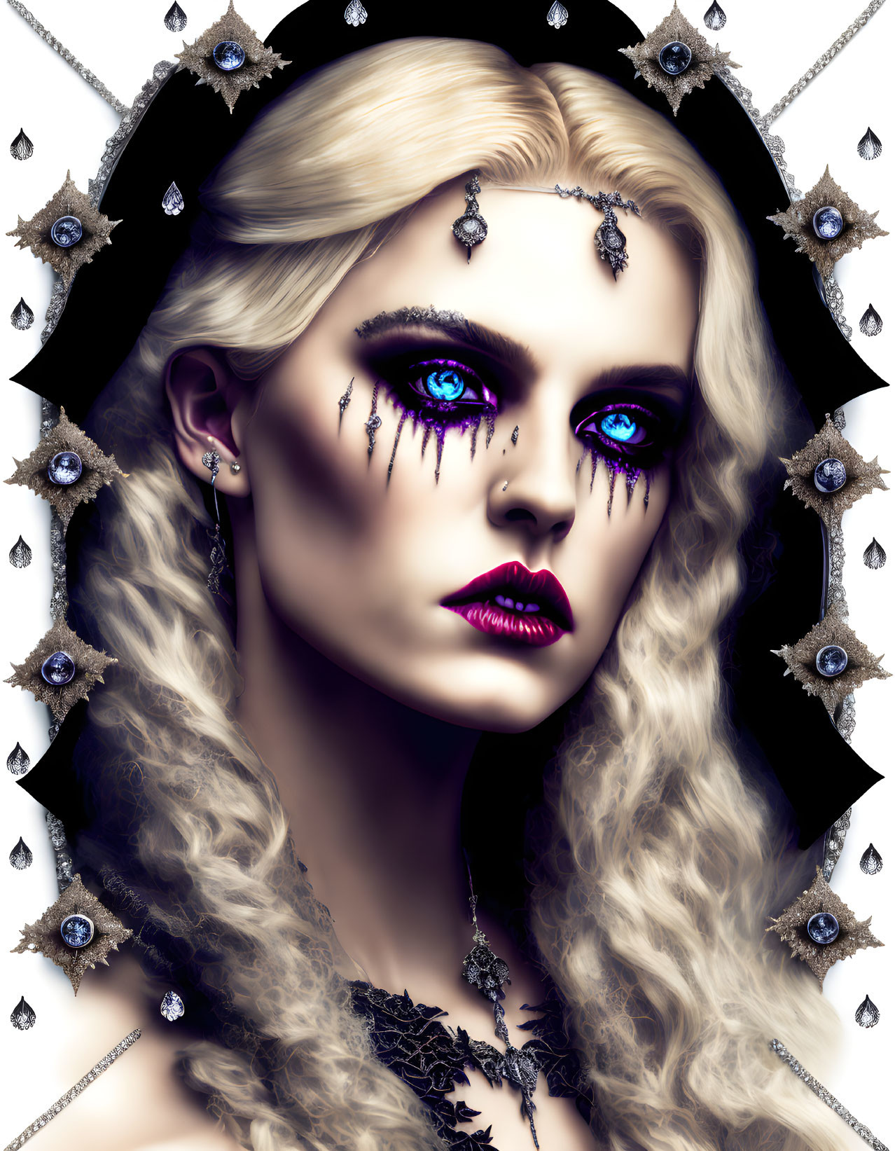 Woman with Striking Blue Eyes and Dark Lipstick Adorned with Glittering Jewels