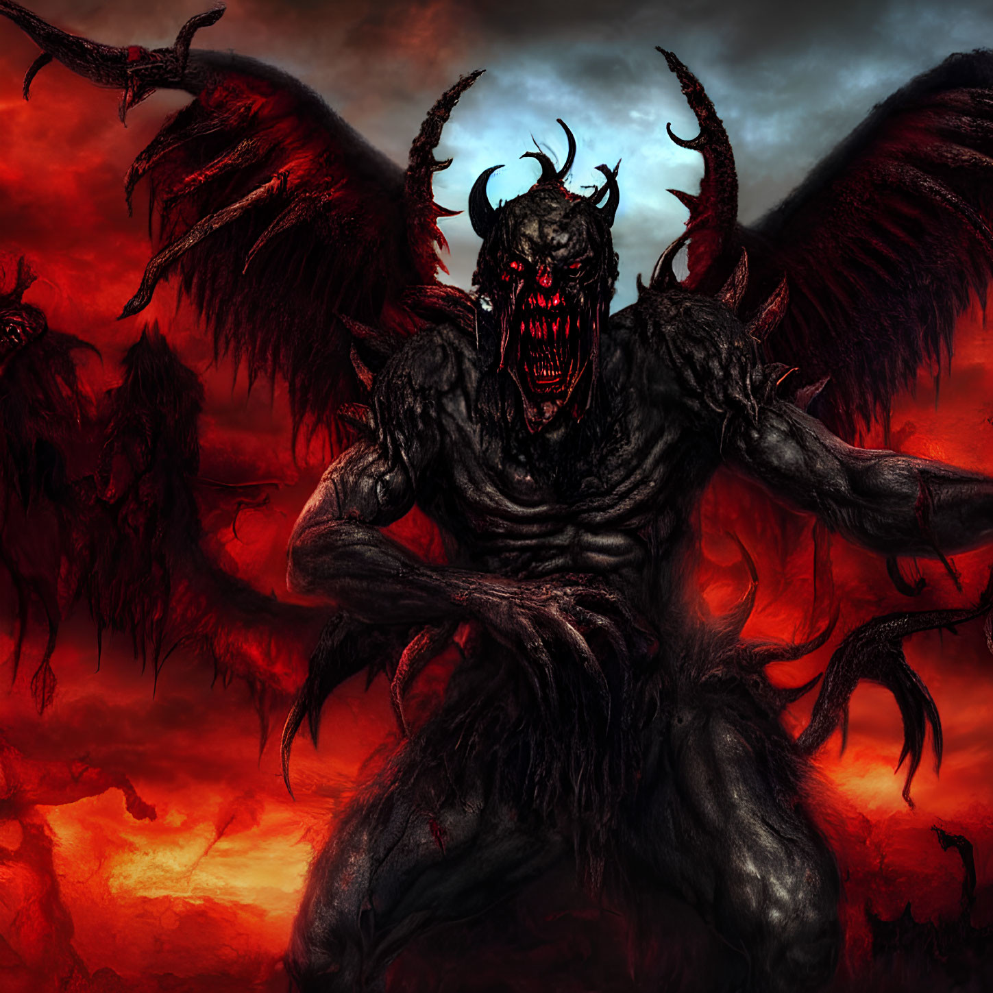 Sinister demon with large wings and red eyes in a hellish backdrop