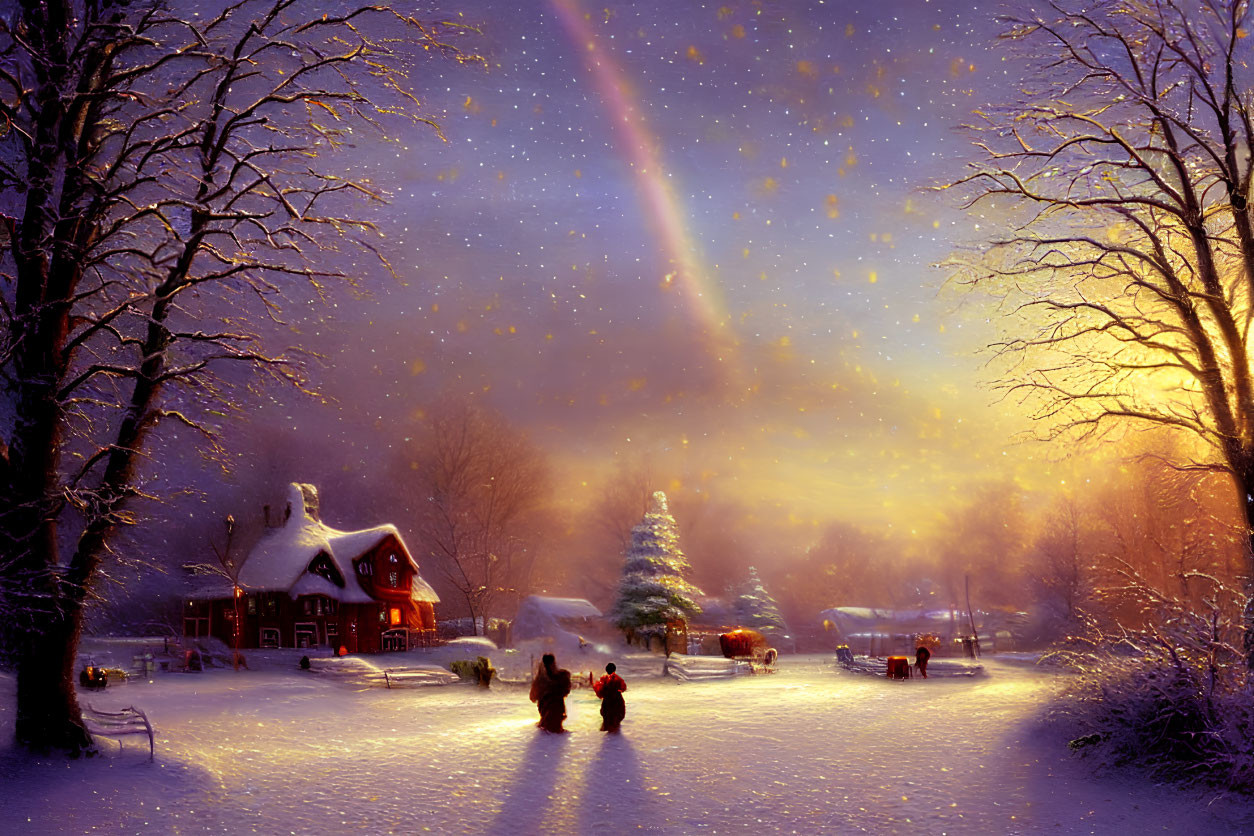 Winter village scene with Christmas tree, houses, and snowy night sky.