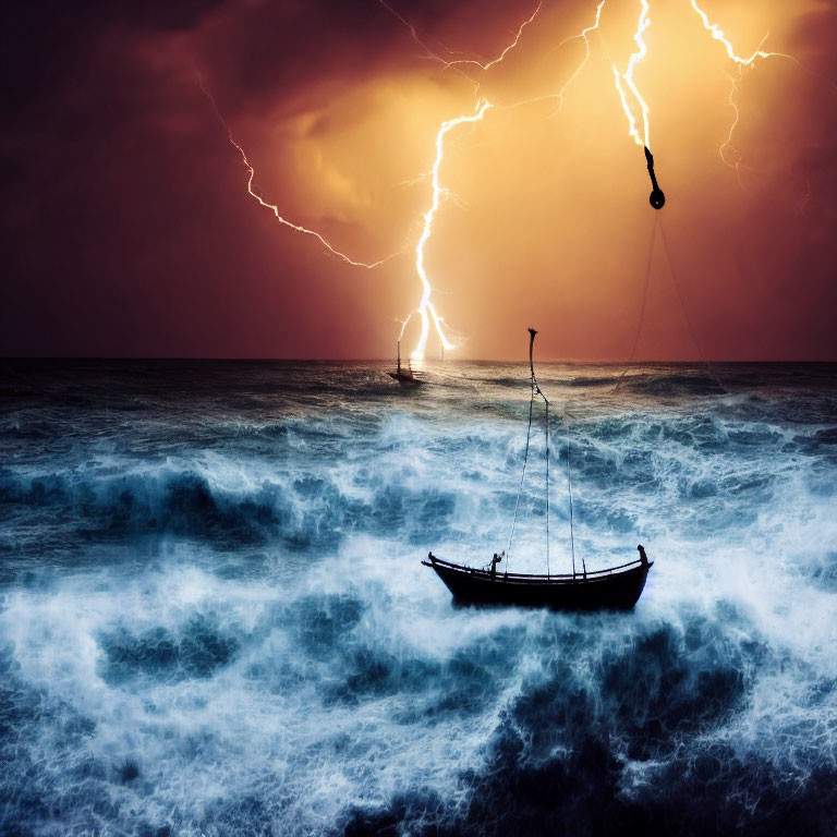 Stormy Sea at Night with Lightning Bolts Striking Boat and Ship