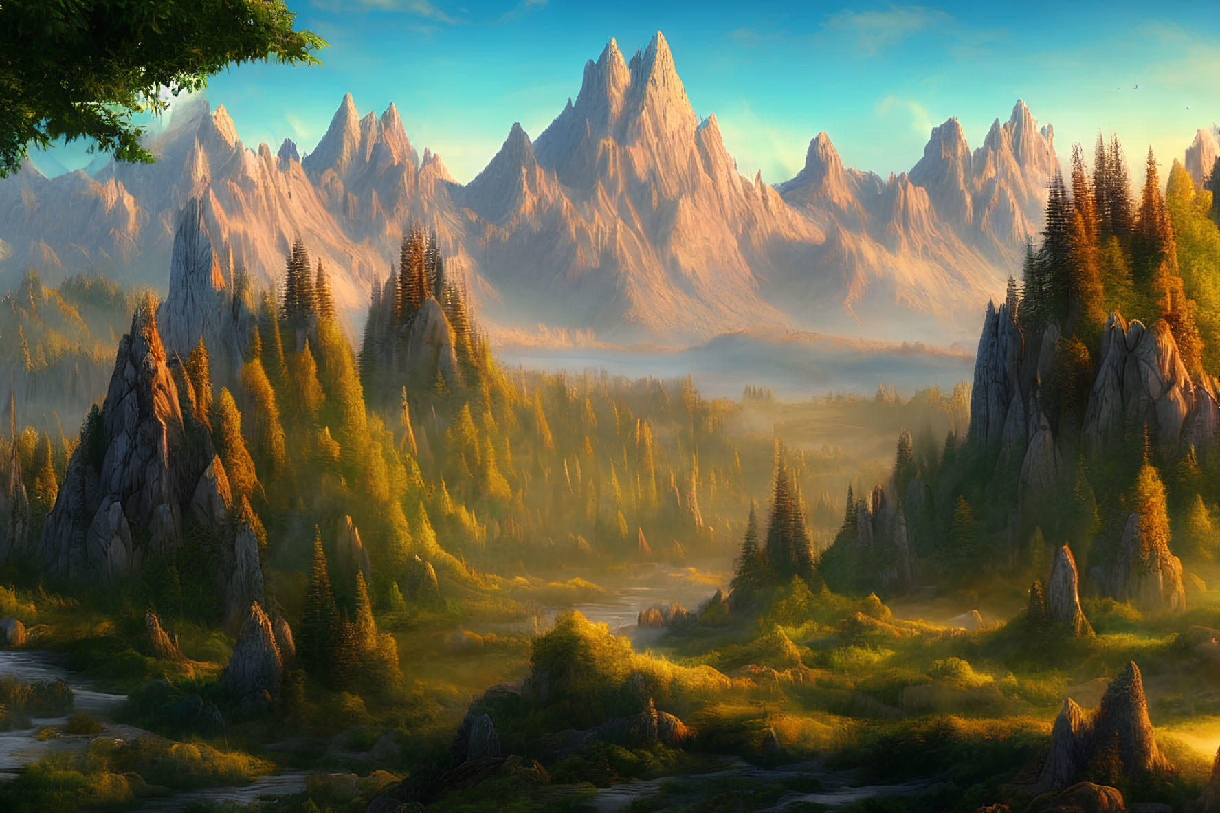Majestic sunrise over lush valley with mountains and misty forest