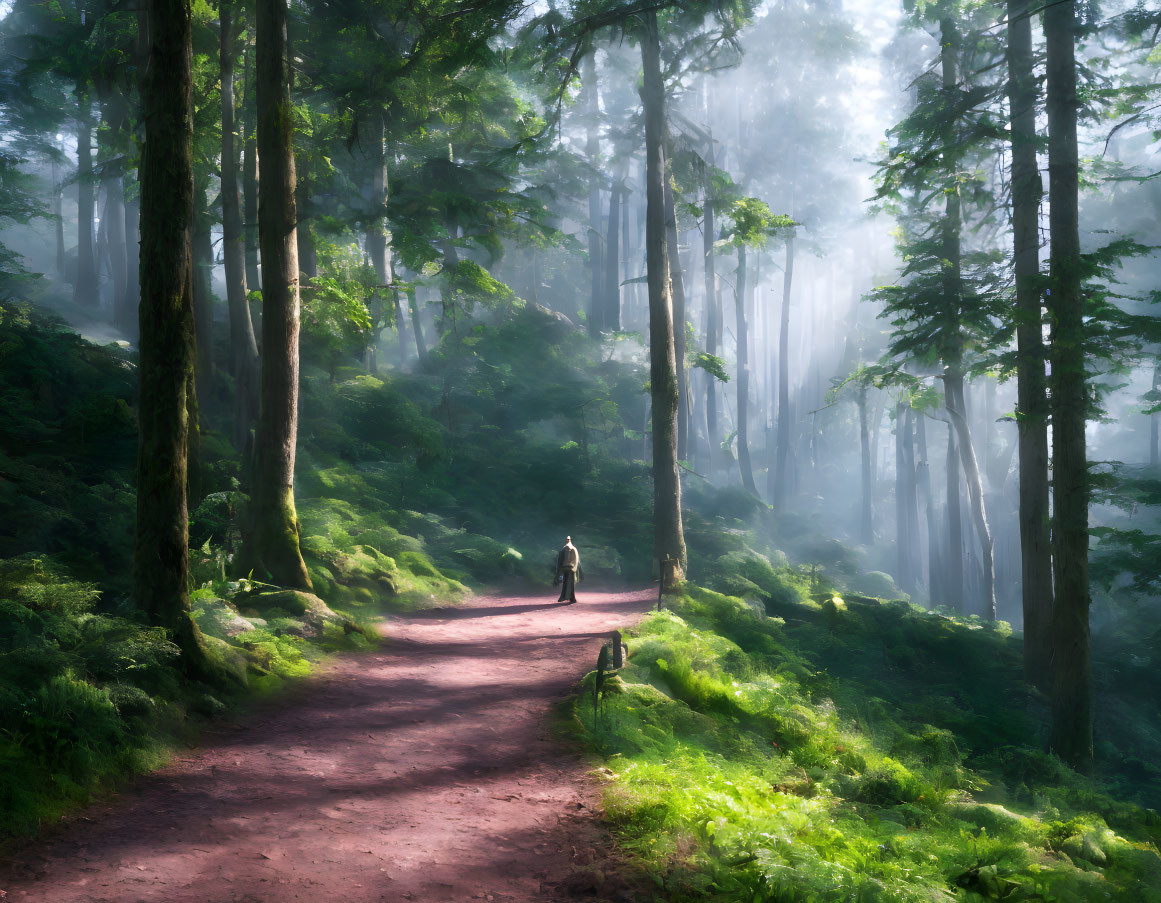 Tranquil forest path with misty trees and lone walker