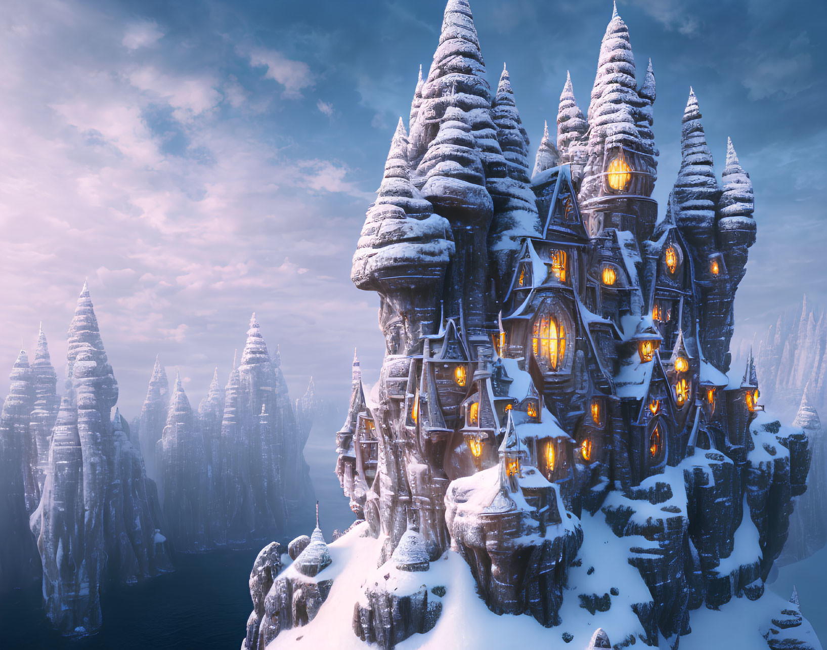 Snow-covered castle on jagged cliffs with glowing windows at twilight