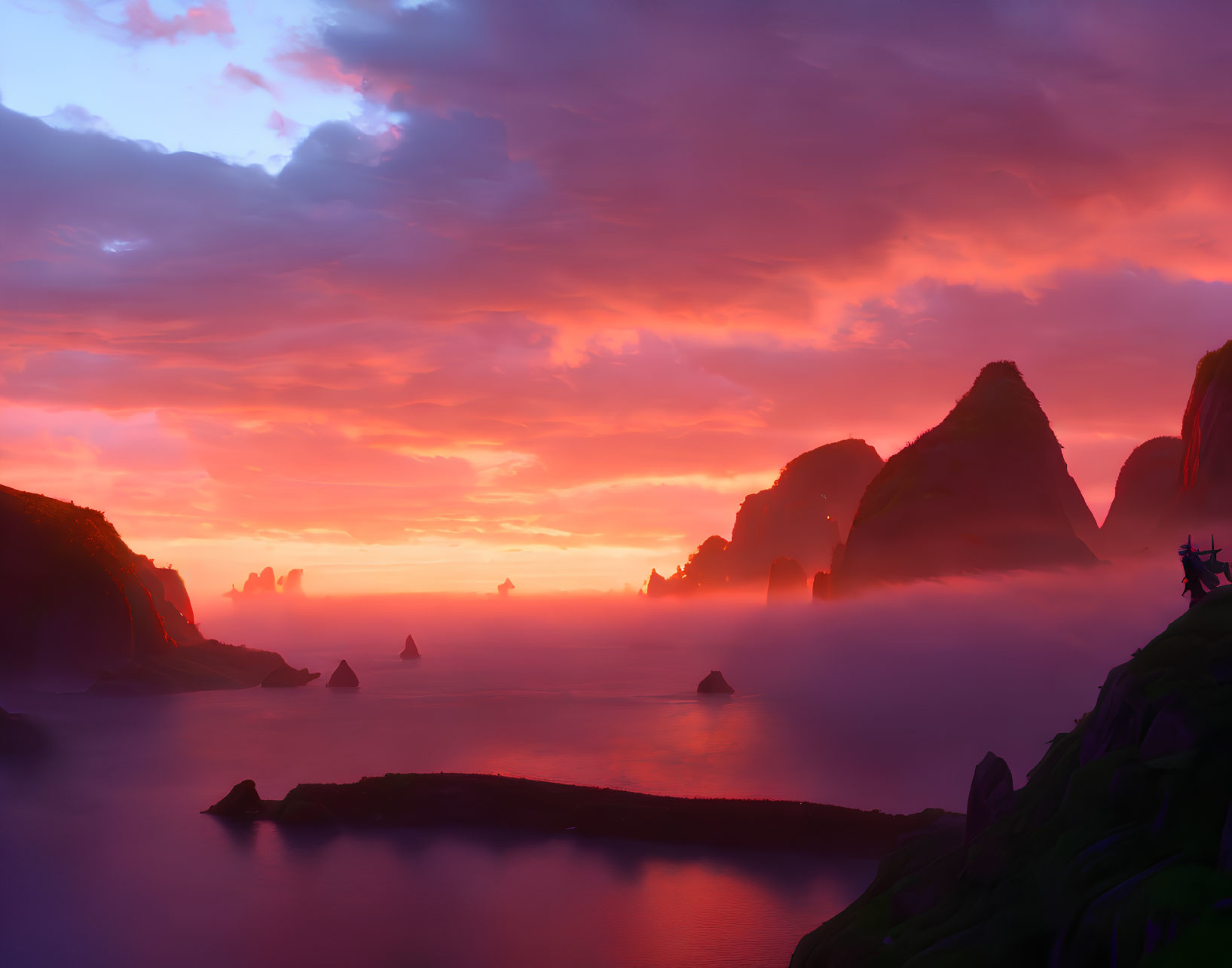 Ethereal dusk landscape with purple and orange skies, misty waters, and silhouetted