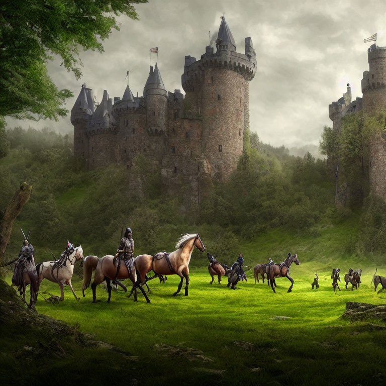 Medieval knights on horseback approaching grand castle in lush landscape