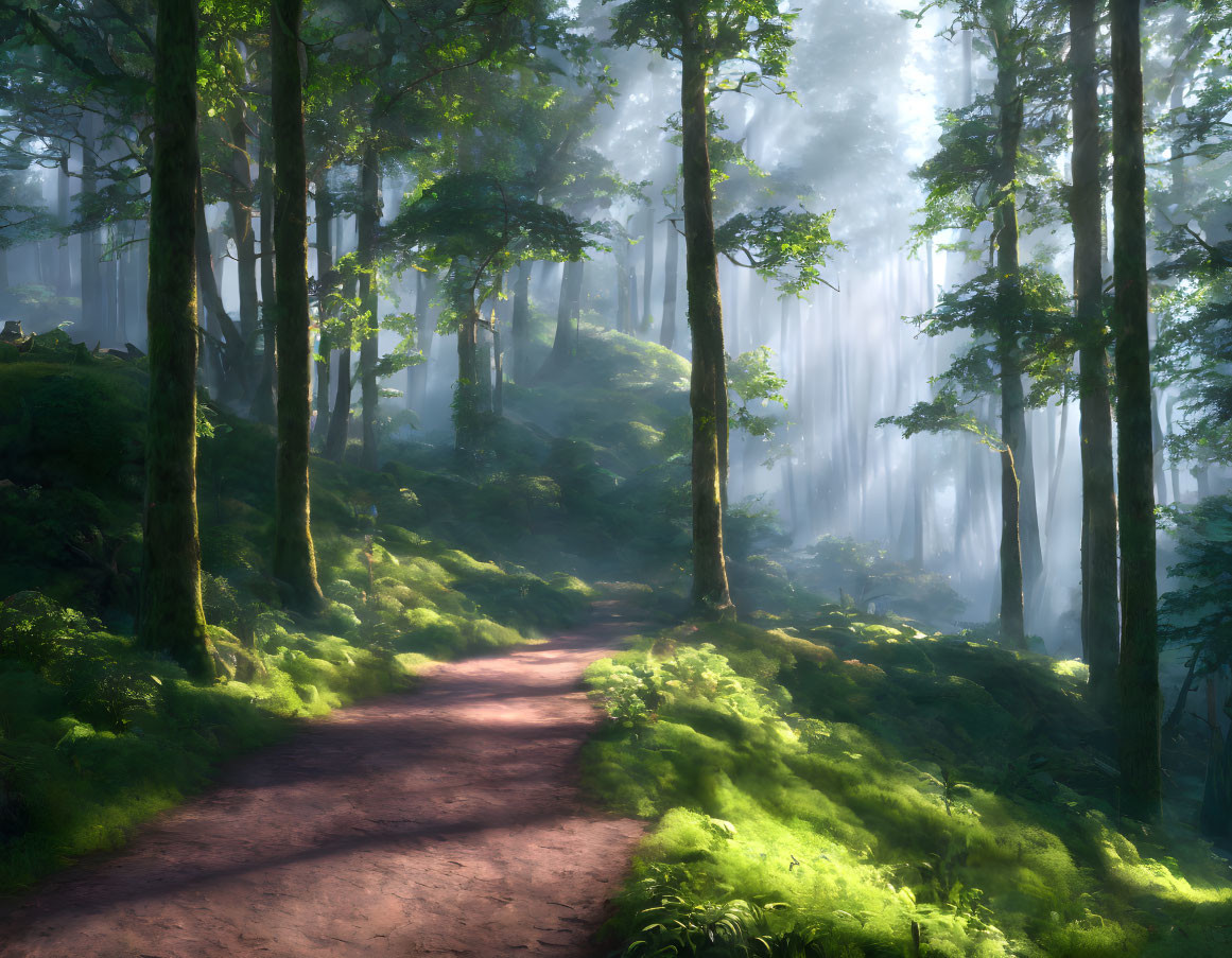 Sunlit Path Through Misty Forest with Tall Trees and Green Moss