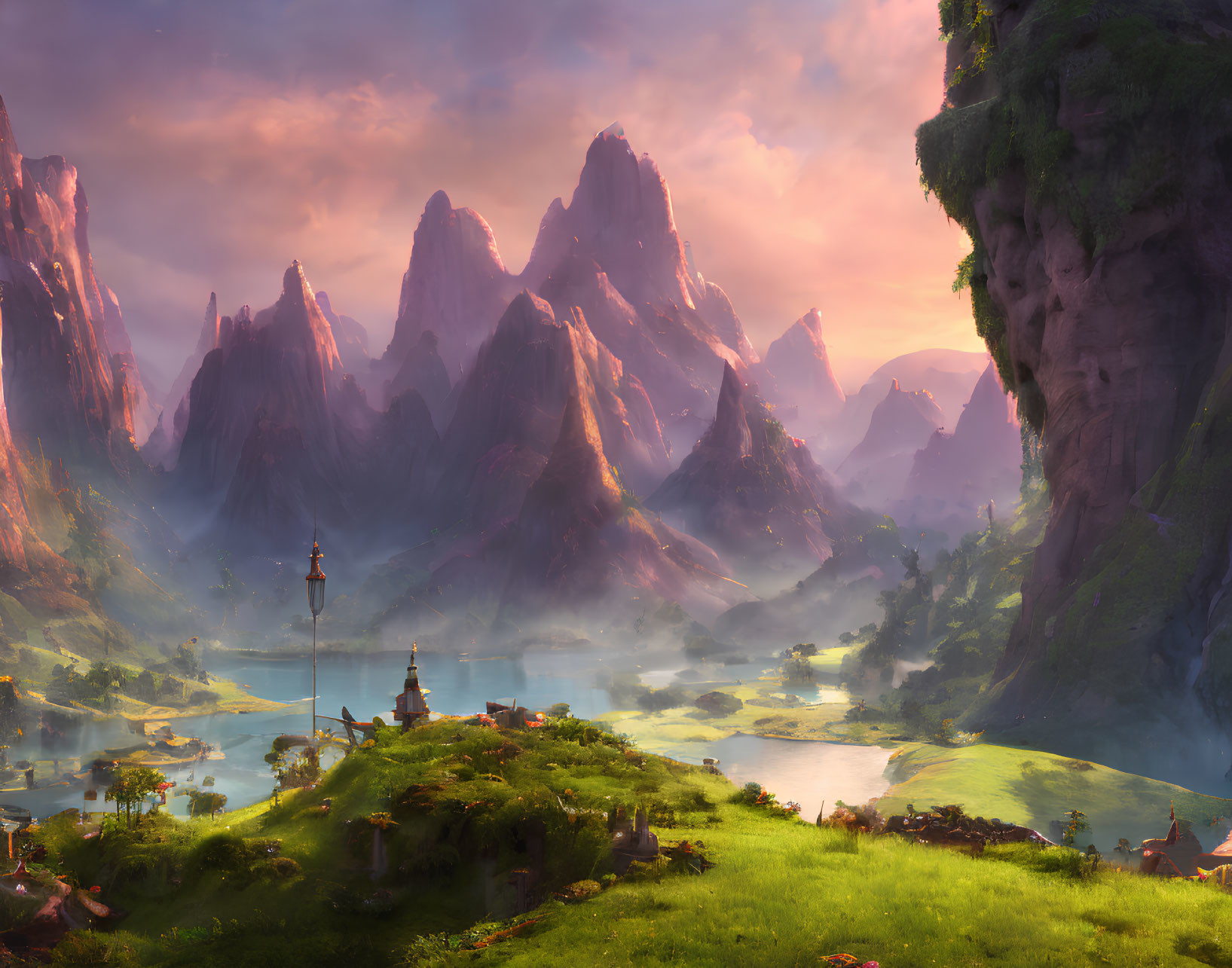 Serene fantasy landscape with mountains, lake, village, and sunset
