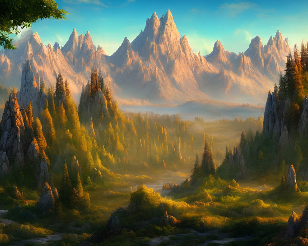 Majestic sunrise over lush valley with mountains and misty forest