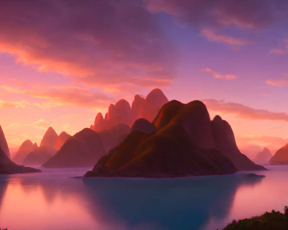 Majestic mountains and glowing sunset in serene digital landscape