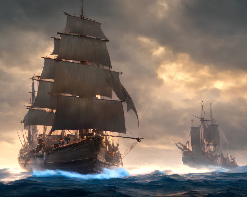 Tall ships with billowing sails in stormy seas under dramatic sky