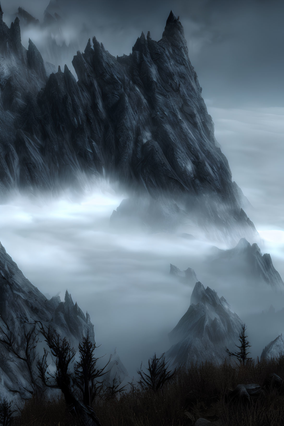 Majestic fog-covered mountain with eerie sky and barren trees