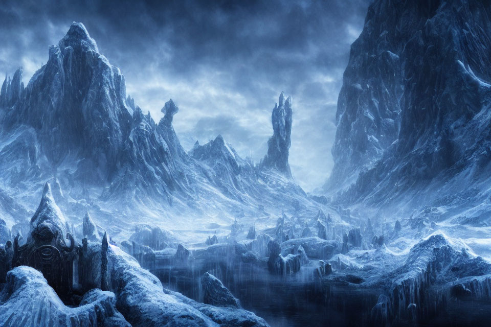 Frozen landscape with ice-covered mountain peaks under cloudy sky
