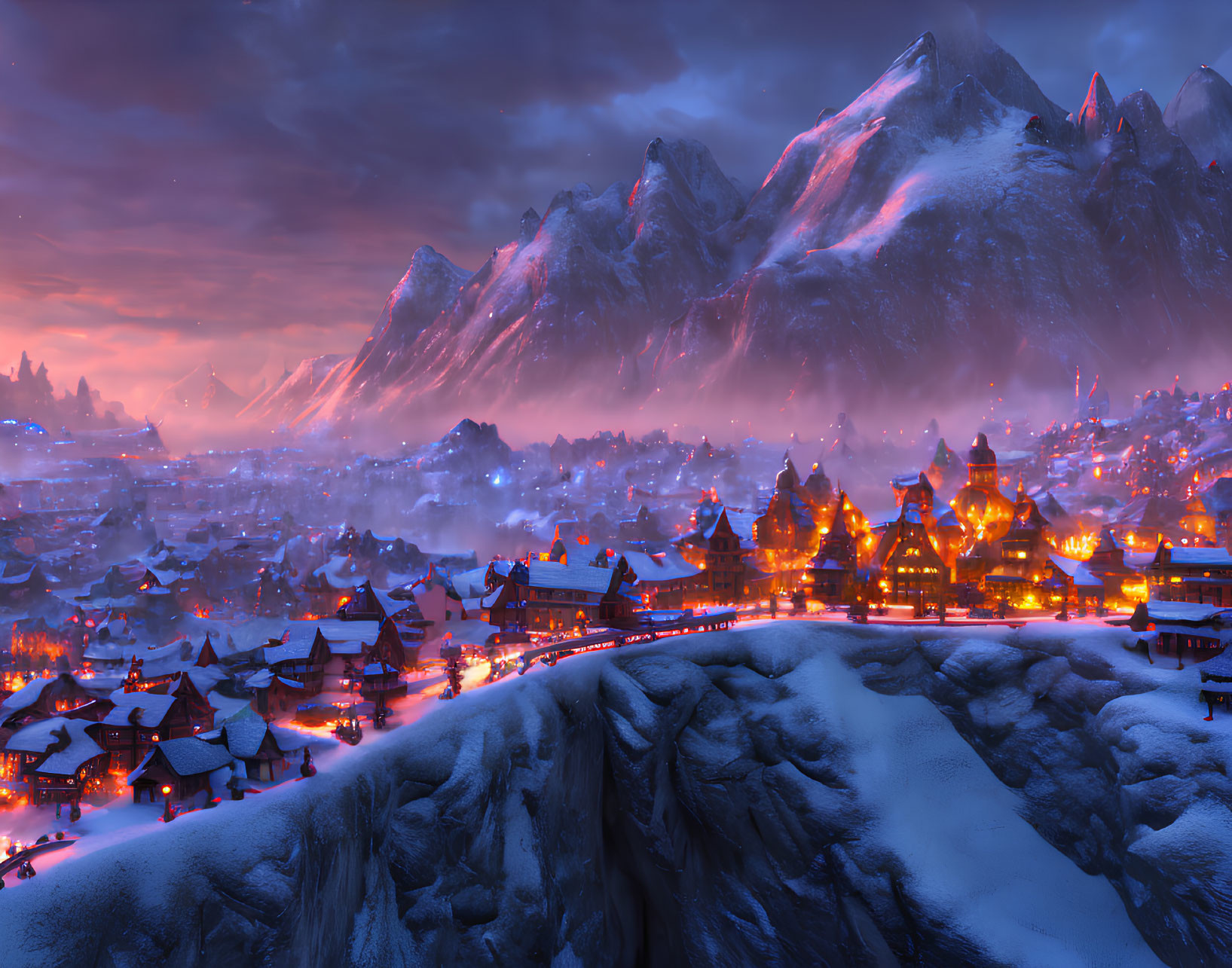 Snow-covered village with warmly lit homes nestled at dusk under vibrant twilight sky