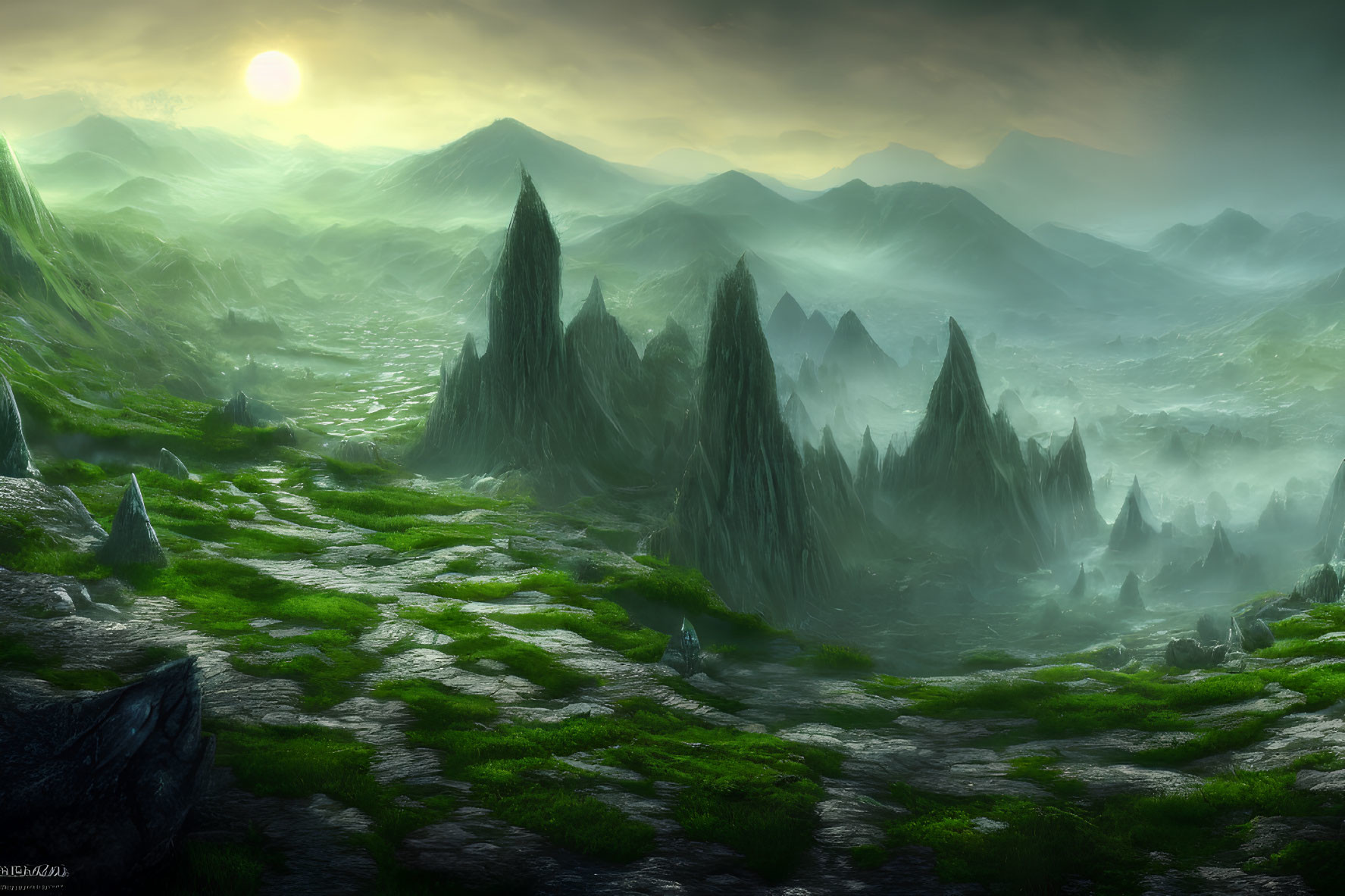 Serene fantasy landscape with lush greenery and towering rock formations