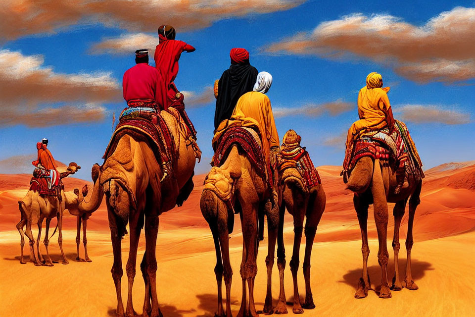 Group of Four People Riding Camels in Desert Landscape