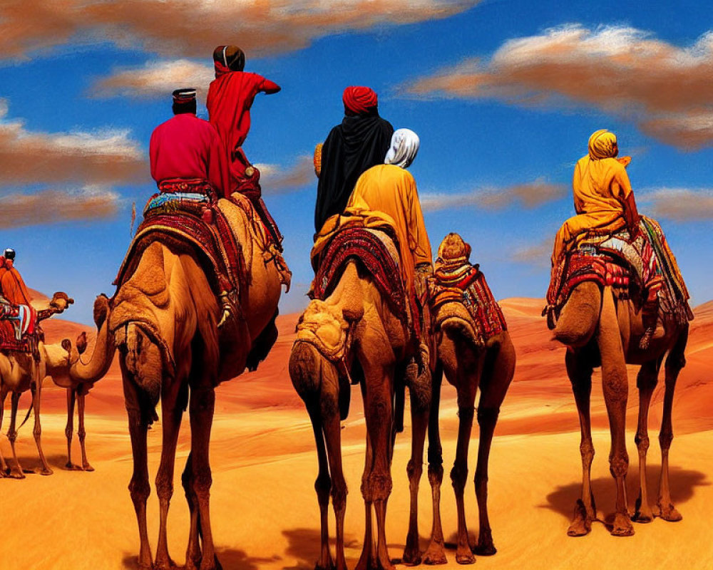 Group of Four People Riding Camels in Desert Landscape
