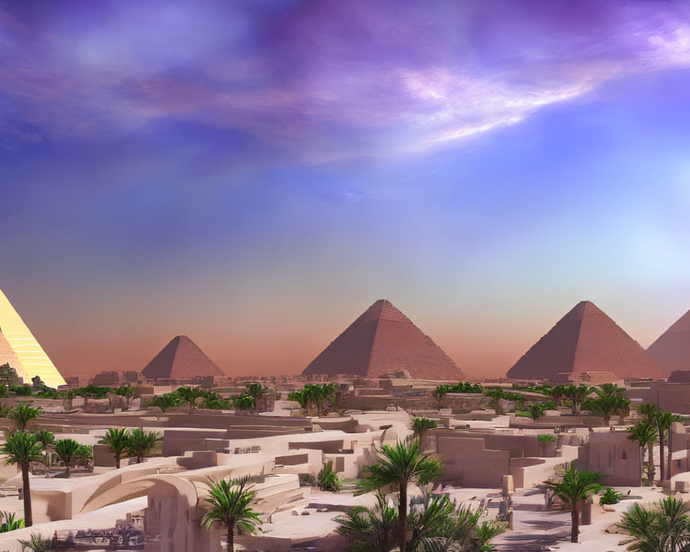 Ancient Egyptian Pyramids in Desert Sunset Landscape