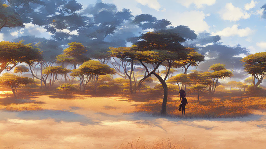 Sunrise savanna landscape with acacia trees and golden grasslands