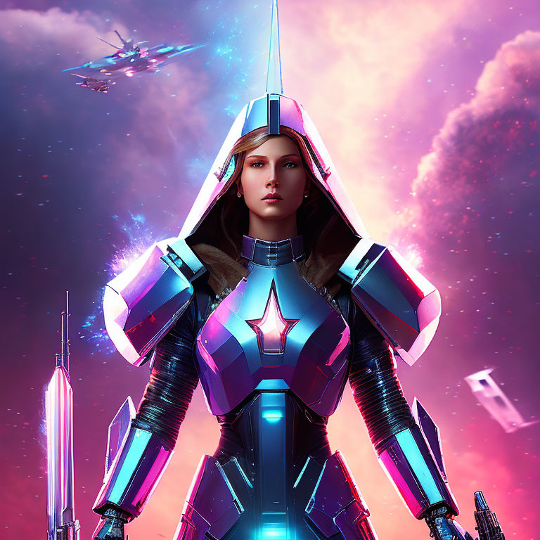 Futuristic female warrior in blue-purple armor with star emblem against spaceship backdrop.
