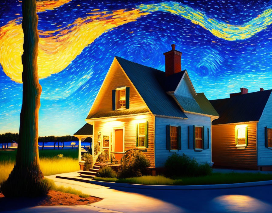 Quaint house under swirling starry sky with warm light.