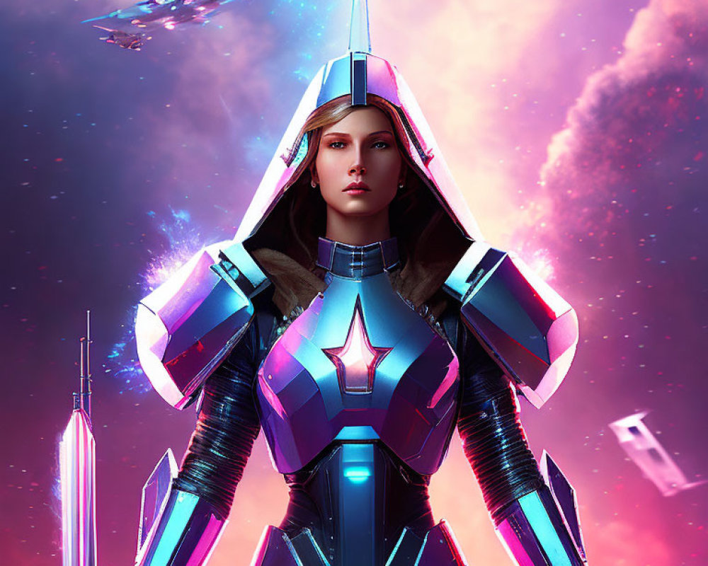 Futuristic female warrior in blue-purple armor with star emblem against spaceship backdrop.