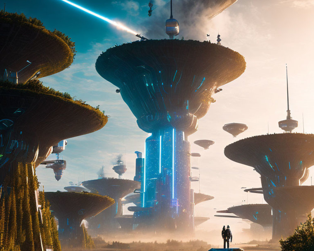 Futuristic cityscape with towering mushroom-like structures and glowing blue lights