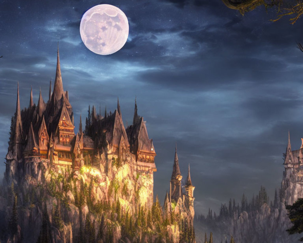 Majestic castle on rugged hilltop under full moon