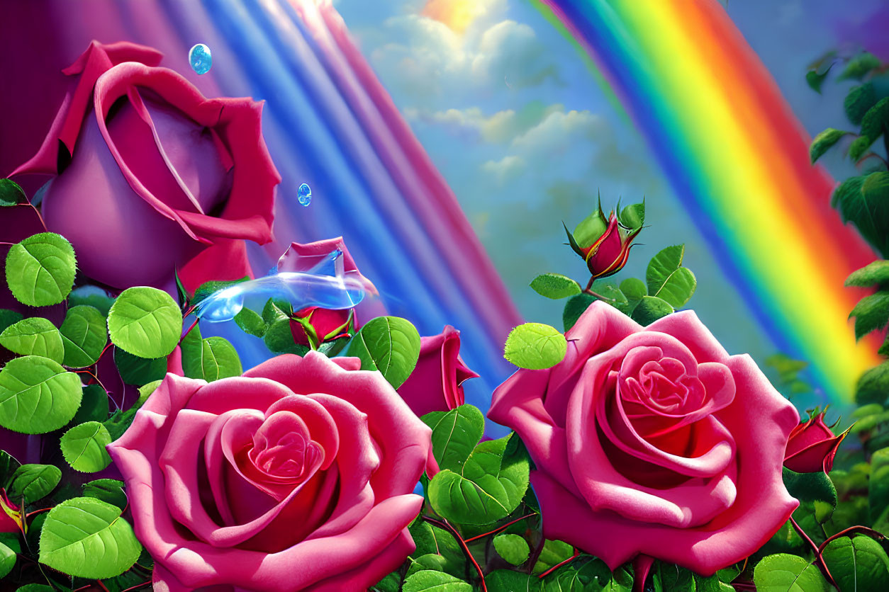 Colorful roses and rainbow in surreal sky setting