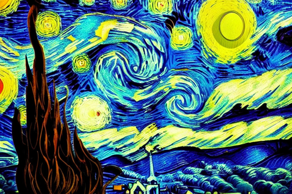 Colorful reinterpretation of swirling skies with moon and cypress tree.