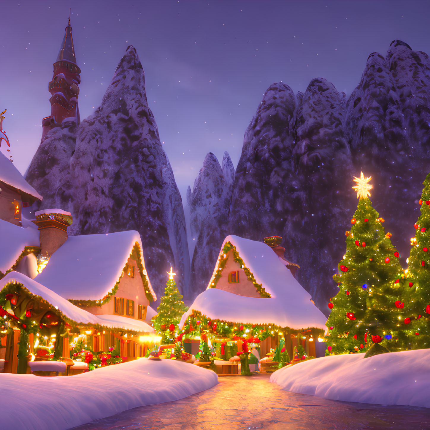 Snow-covered village with Christmas lights, cozy cottages, and star-topped tree at dusk