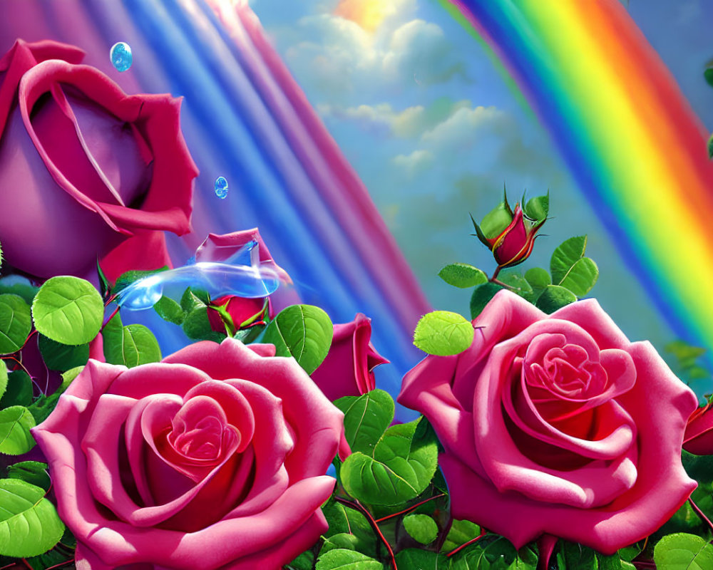 Colorful roses and rainbow in surreal sky setting