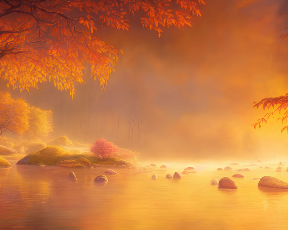 Golden foliage and misty river in serene autumn setting