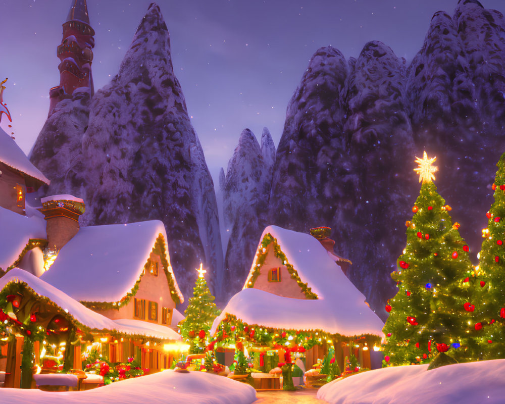 Snow-covered village with Christmas lights, cozy cottages, and star-topped tree at dusk