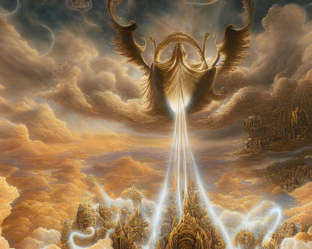 Majestic celestial scene with golden clouds and ethereal figure