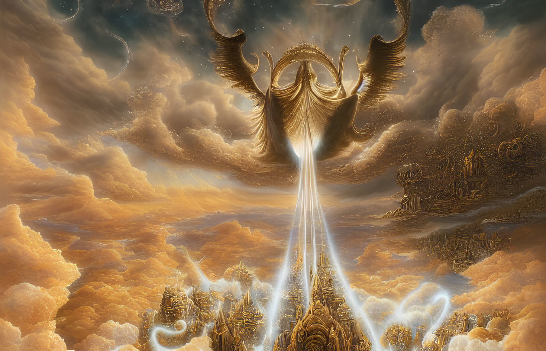 Majestic celestial scene with golden clouds and ethereal figure