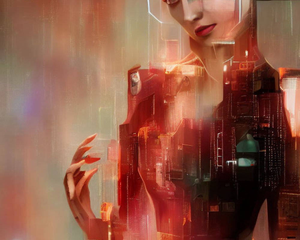 Female cyborg with exposed circuitry under neon lights on blurry background